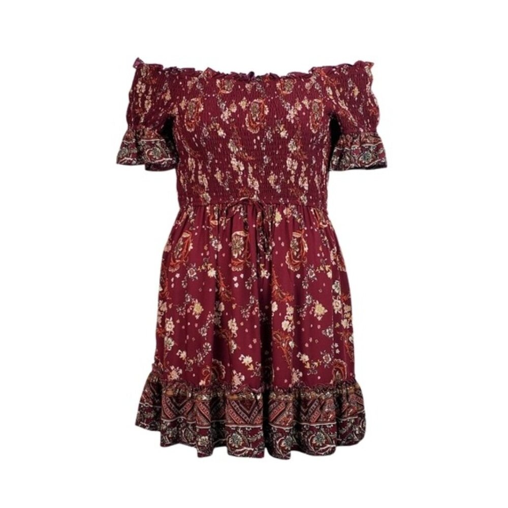 Band of Gypsies Womens Off The Shoulder Floral Print Smocked Mini Dress Size M